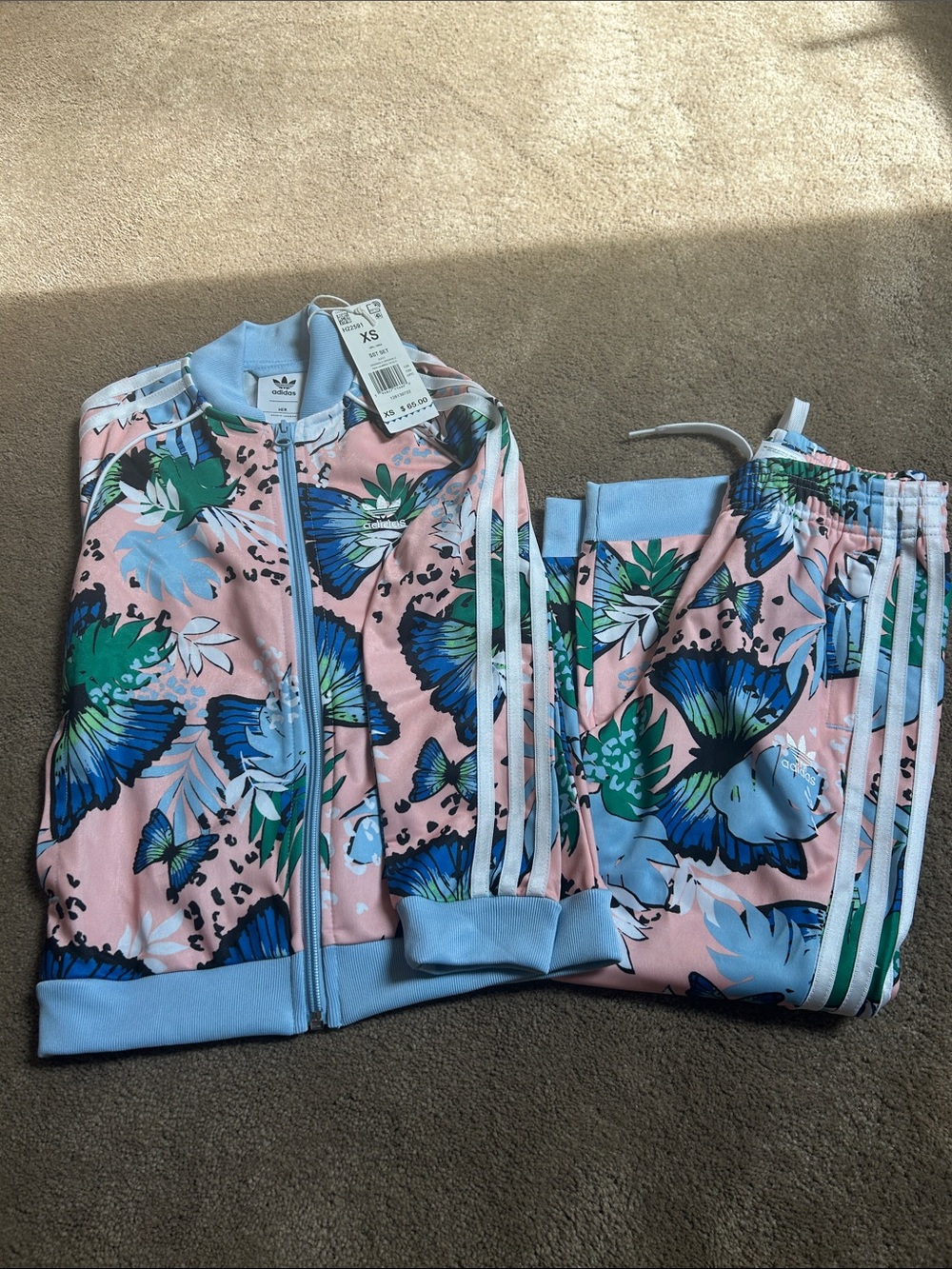 NWT adidas Pink Floral & Blue Butterfly Track Jacket and Jogger set